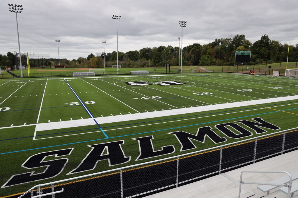 Sports stadium with the word Salmon written in the field