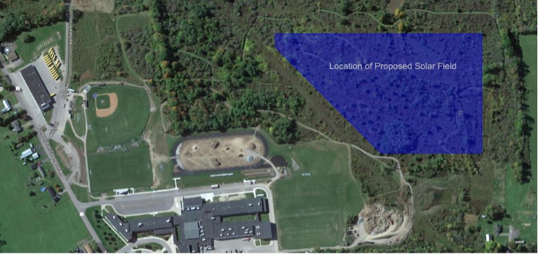 Image of a picture from a satellite showing a campus with a portion of the land labeled as "Location of Proposed Solar Field"
