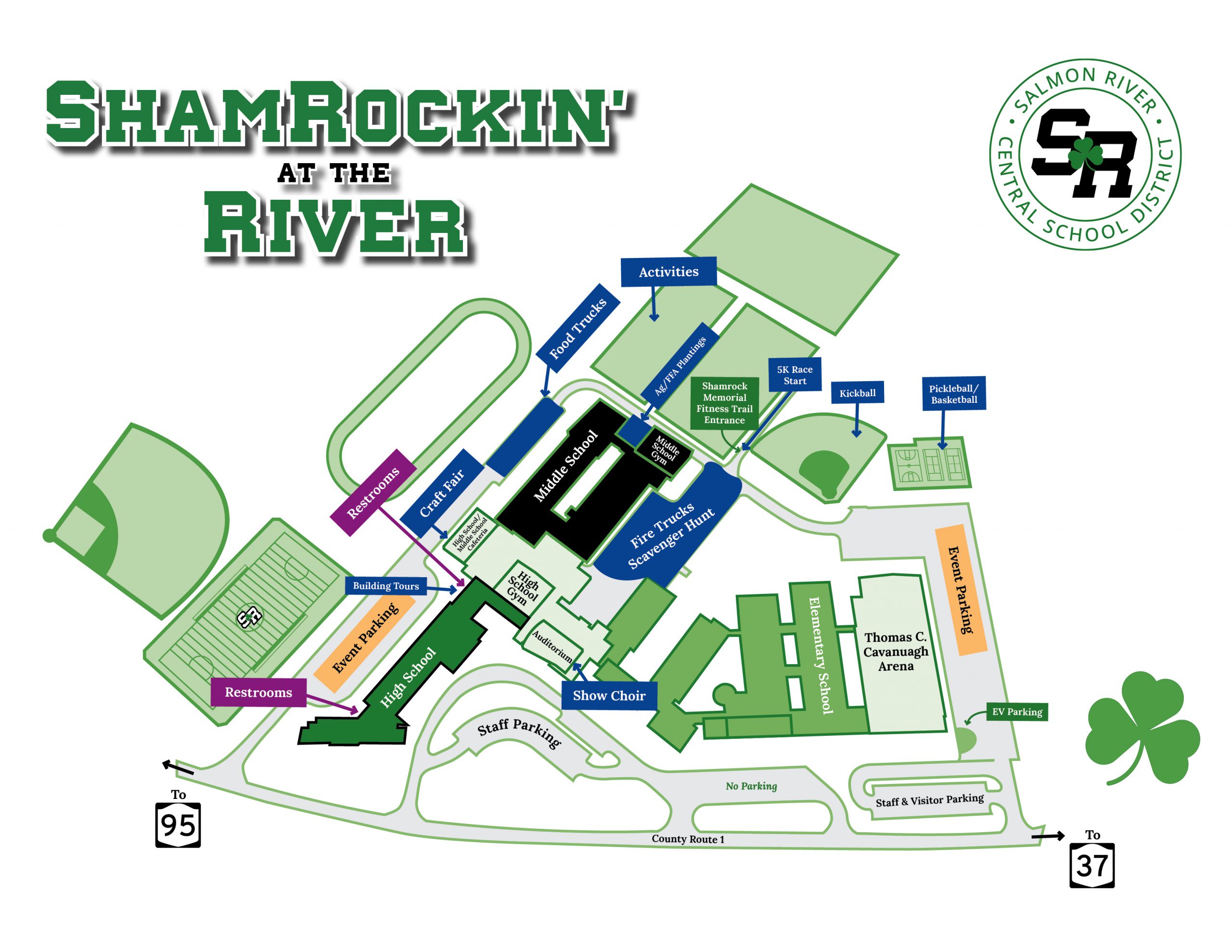 A map showing ShamRockin' at the River events and locations on the Salmon River campus